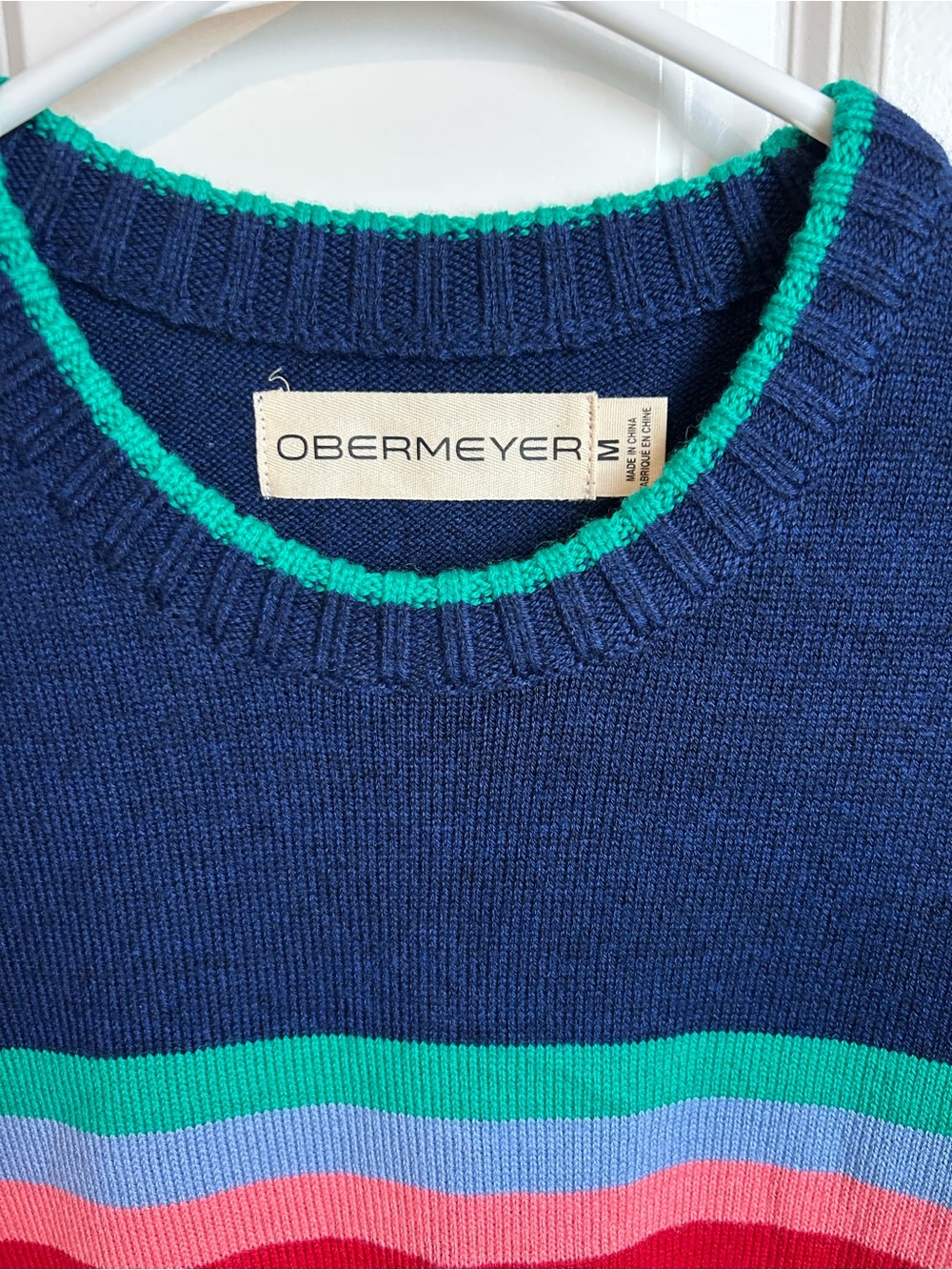 Obermeyer Vintage Rainbow Stripe Navy Cable Knit Ski Sweater - Picture 2 of 5